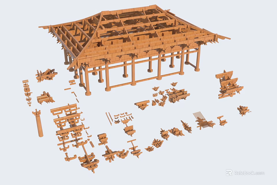 Components of Traditional Chinese Timber Framed Building in Disassembled Form 3d model 