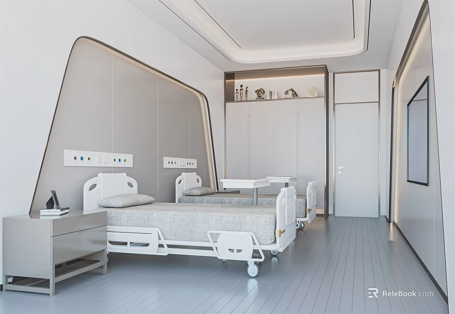 Hospital Outpatient Ward With Modern White Beds Medical Device Interfaces And Storage Cabinets 3d model 