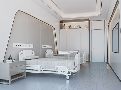 Hospital Outpatient Ward With Modern White Beds Medical Device Interfaces And Storage Cabinets 3d model