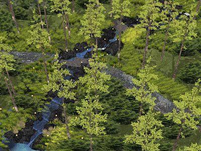 Tranquil Park Landscape With Flowing Stream Lush Trees And Vibrant Green Vegetation 3d model