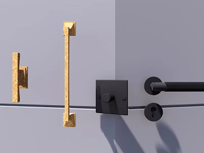 Sleek Modern Golden And Black Metal Door Handles With Rectangular Design On Gray Surface 3d model