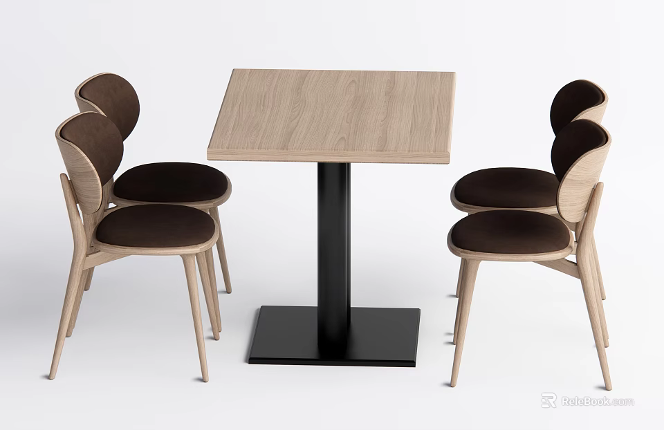 Wooden Square Dining Table Set With Four Dark Velvet Chairs And Black Base 3d model