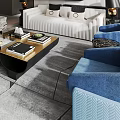 Modern Living Room Interior With White Sofa Blue Armchair Black Coffee Table And Wall Art