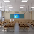 Spacious School Classroom Interior With Neatly Arranged Wooden Desks And Bright Ceiling Lights