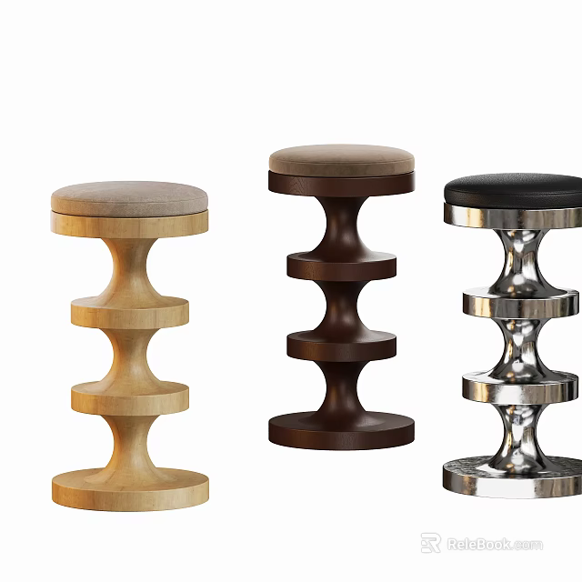 Modern Bar Stools Featuring Layered Ring Structure In Light Wood Dark Brown And Silver Metal 3d model 