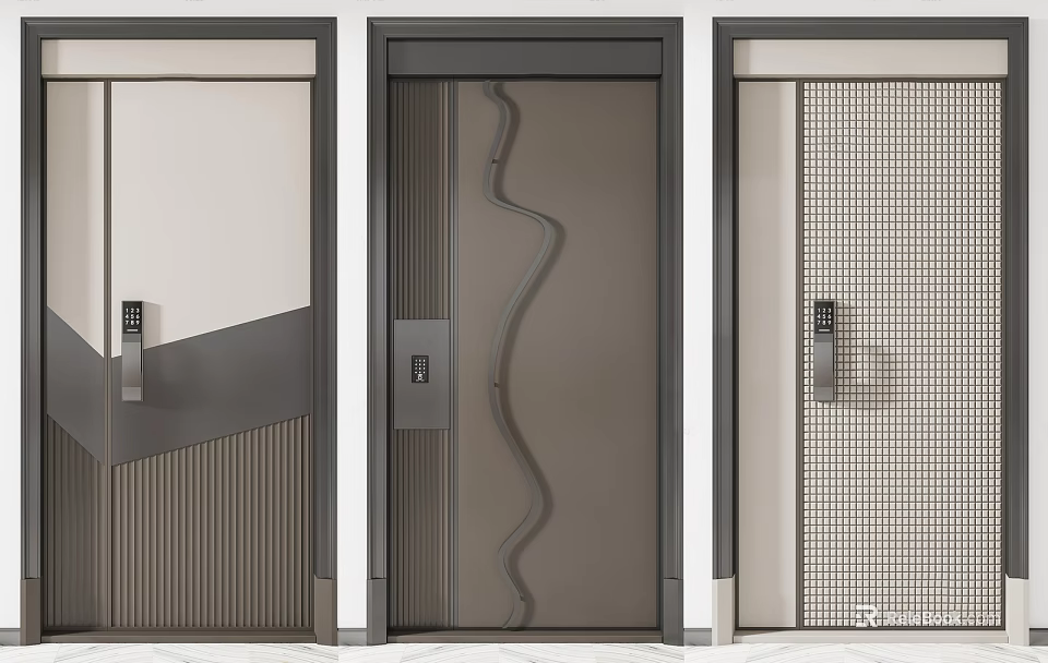 Modern Security Doors With Wavy Lines Grid Patterns And Metal Panels 3d model