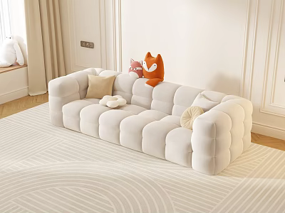 Cozy Modern Multi Person Sofa With Plush Pillows And Fox Stuffed Toy In Living Room 3d model