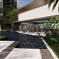 Modern High Rise Residential Landscape With Pool White Swan Sculptures And Green Trees