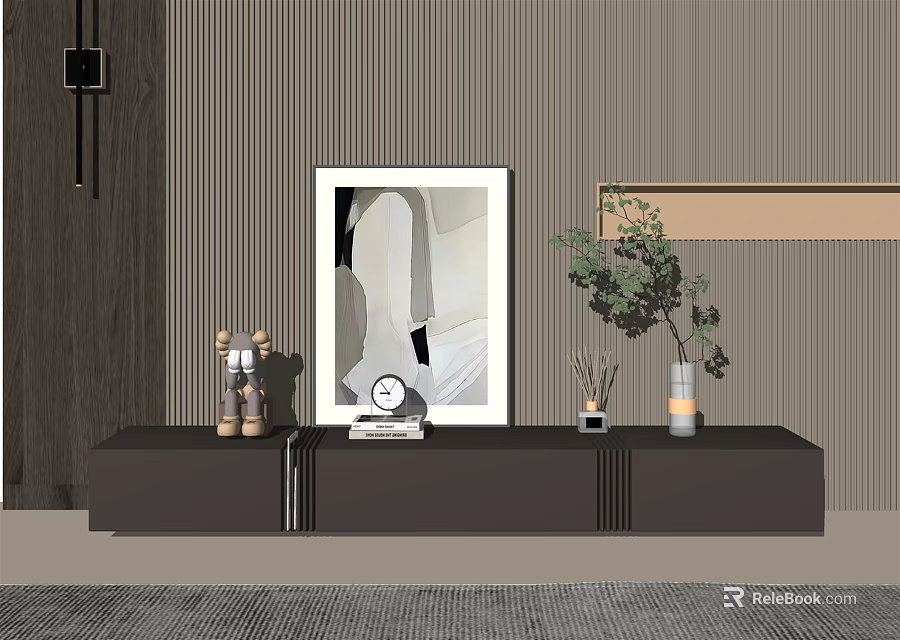 Modern Minimalist TV Stand with Framed Art Clock Vase and Green Plant 3d model 