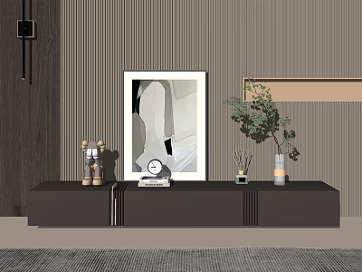 Modern Minimalist TV Stand with Framed Art Clock Vase and Green Plant 3d model