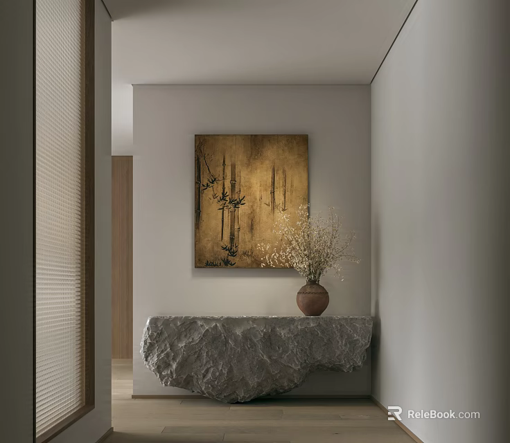 Modern Minimalist Reception Space With Stone Desk Vase And Wall Artwork 3d model 