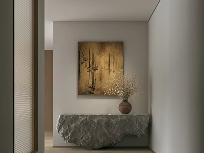 Modern Minimalist Reception Space With Stone Desk Vase And Wall Artwork 3d model