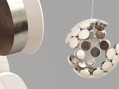 Modern Spherical Chandelier With Circular Metal Discs In Silver And Brown Tones For Home Decor 3d model
