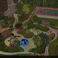 Lush Green Public Square Landscape With Playground Basketball Court And Colorful Flowers