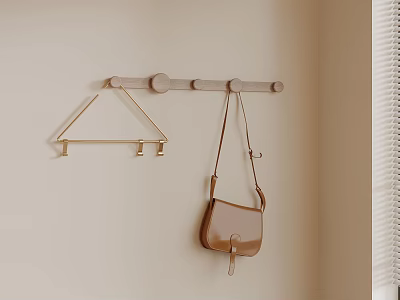 Wooden Wall Mounted Hook Rack With Hanging Brown Leather Bag On Beige Wall 3d model
