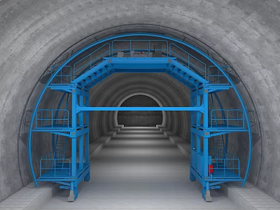 Spacious Concrete Tunnel Interior Featuring Blue Metal Framework And Construction Structure 3d model