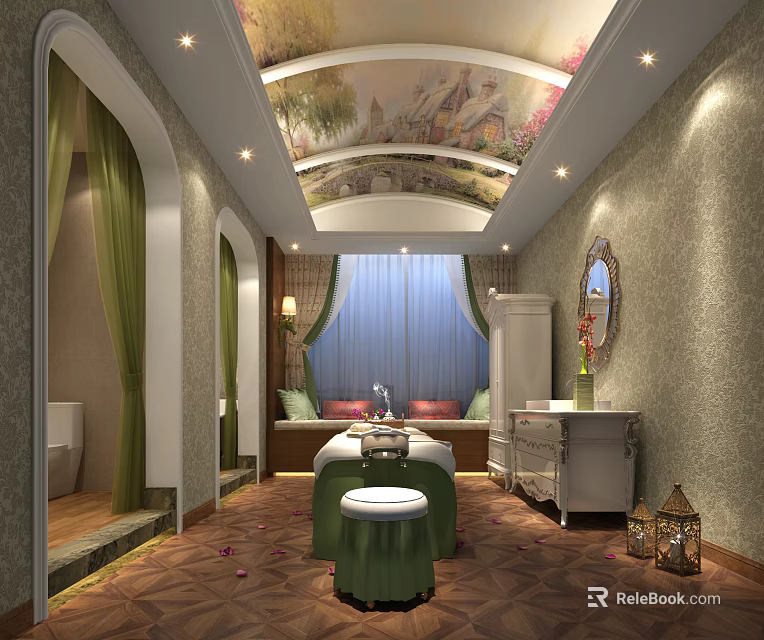 SPA Sauna Interior Design With Decorative Ceiling Green Curtains And Massage Bed 3d model 