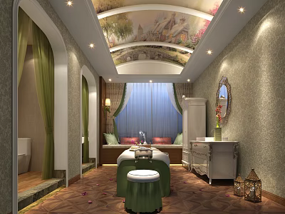 SPA Sauna Interior Design With Decorative Ceiling Green Curtains And Massage Bed 3d model