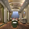 SPA Sauna Interior Design With Decorative Ceiling Green Curtains And Massage Bed
