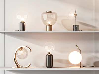 Modern Table Lamps Display With Various Styles Metal Bases And Glass Shades 3d model