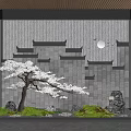 Traditional Chinese Feature Wall With Architectural Eaves Round Moon Cherry Blossom Tree And Greenery