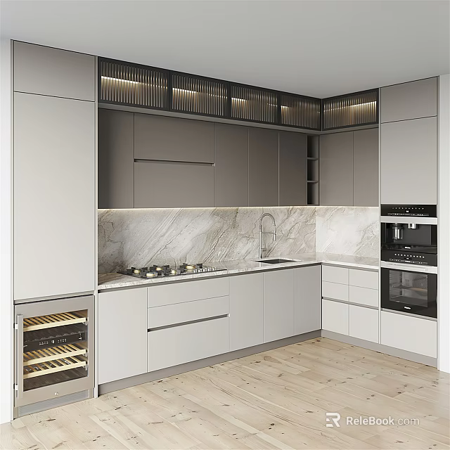 Modern Kitchen Cabinets with Marble Countertop Built-in Oven and Wine Storage Rack 3d model 