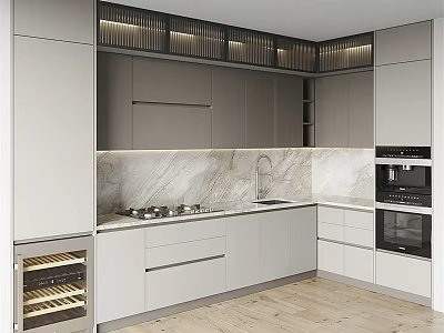 Modern Kitchen Cabinets with Marble Countertop Built-in Oven and Wine Storage Rack 3d model