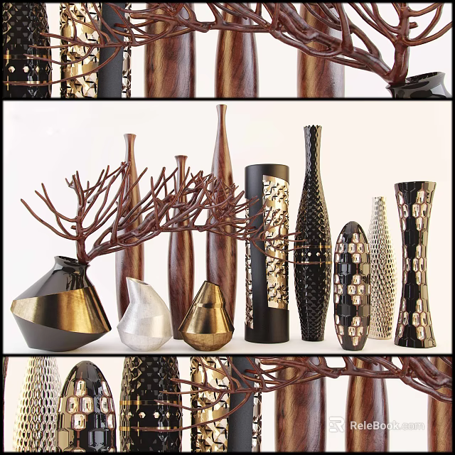 Modern Stylish Decorative Ornament Set Featuring Metal Wood Vases And Branch Decorations 3d model 