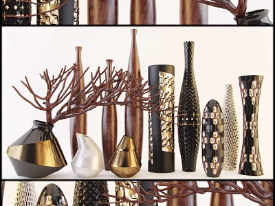 Modern Stylish Decorative Ornament Set Featuring Metal Wood Vases And Branch Decorations 3d model