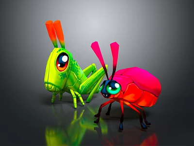 Colorful 3D Insect Characters With Green Grasshopper Pink Beetle Large Eyes Neon Antennae 3d model