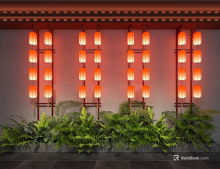 Red Lanterns Hanging in Rows on Wall with Green Plants Below Gray Background 3d model