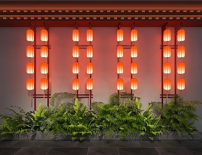 Red Lanterns Hanging in Rows on Wall with Green Plants Below Gray Background 3d model