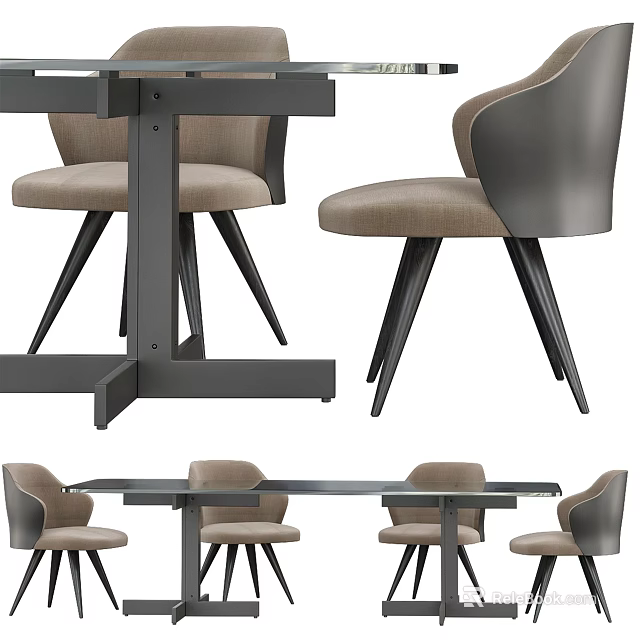 Modern Dining Table Set With Black Legs And Beige Upholstered Chairs 3d model