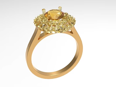 Elegant Gold Ring With Central Yellow Gemstone And Surrounding Diamond Halo Design 3d model