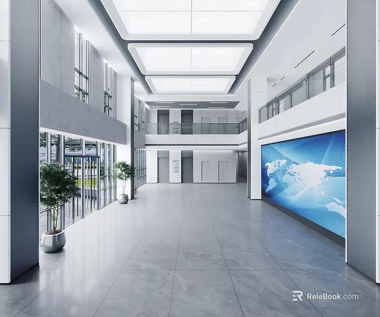Modern Spacious Public Office Space With Marble Floor Glass Doors Green Plants And Large Screen 3d model 