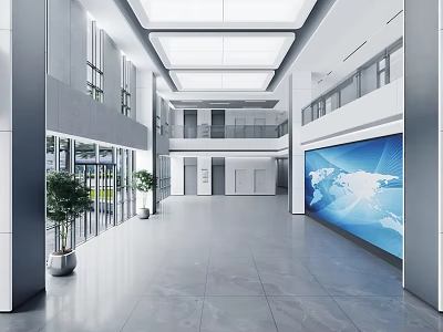 Modern Spacious Public Office Space With Marble Floor Glass Doors Green Plants And Large Screen 3d model