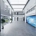 Modern Spacious Public Office Space With Marble Floor Glass Doors Green Plants And Large Screen
