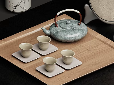 Light Blue Teapot With Four Teacups On Wooden Tray Square Coasters Tea Set 3d model