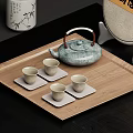 Light Blue Teapot With Four Teacups On Wooden Tray Square Coasters Tea Set