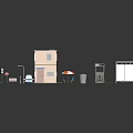 Small House Bus Stop In 3D Model Scene With Road Car Trash Can Umbrella