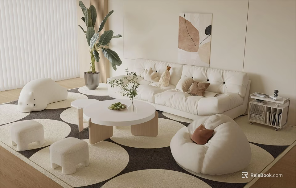 Modern Living Room With White Sofa Round Coffee Table Bean Bag Chairs And Round Rugs 3d model 