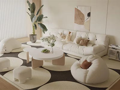 Modern Living Room With White Sofa Round Coffee Table Bean Bag Chairs And Round Rugs 3d model