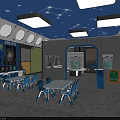 School Classroom With Blue Starry Ceiling Tables Chairs And Create Murals Environment 3d model