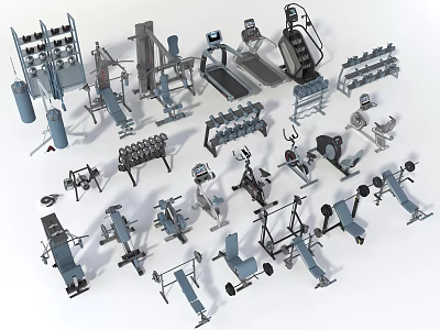 Various Types of Sports Equipment Including Treadmills Dumbbells Weight Benches and Exercise Bikes 3d model