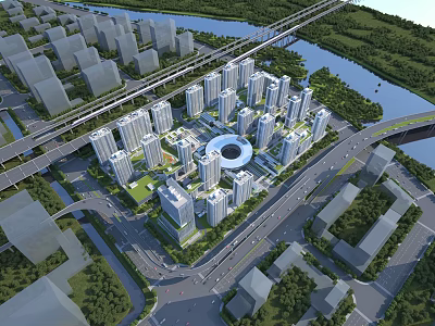 Aerial View of Modern Residential Buildings with Central Green Space and River Surroundings 3d model
