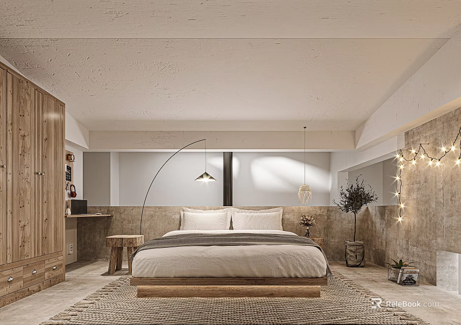 Modern Minimalist Hotel Guest Room With Comfortable Bed Wooden Furniture And String Lights 3d model 