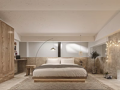 Modern Minimalist Hotel Guest Room With Comfortable Bed Wooden Furniture And String Lights 3d model