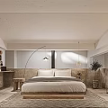 Modern Minimalist Hotel Guest Room With Comfortable Bed Wooden Furniture And String Lights