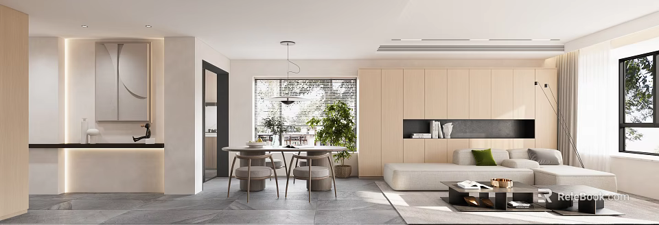 Modern Open Concept Dining Living Area With Large Window Greenery Neutral Tones 3d model