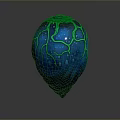 Blue And Green Textured Egg Shaped Object With Glowing Vine Patterns On Dark Background
